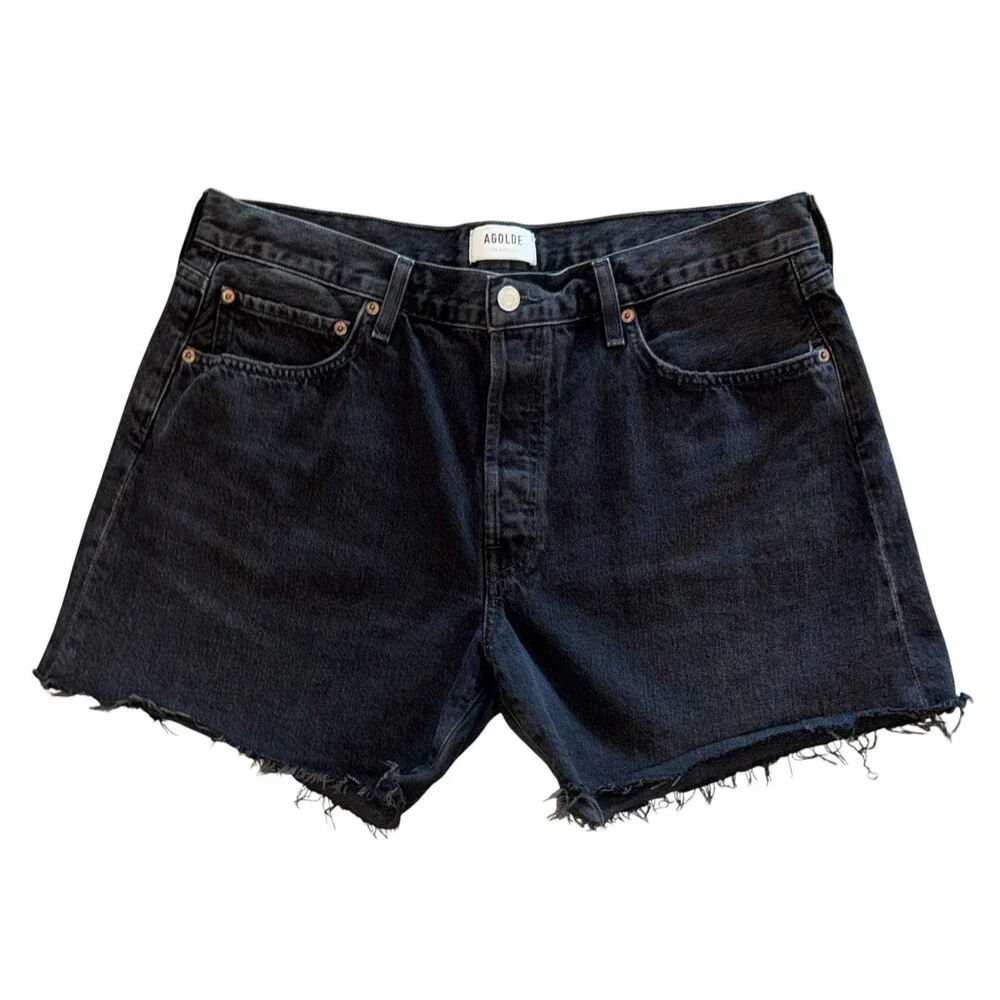 AGOLDE Parker Long Black Denim High Rise Fray Hem Jean Shorts Women’s Size 33